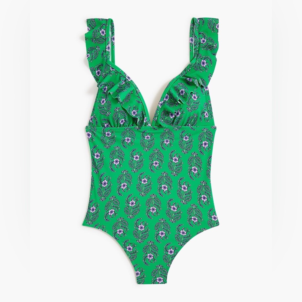 J. Crew Floral Ruffle-Shoulder One-Piece Swimsuit Bathing Suit medium